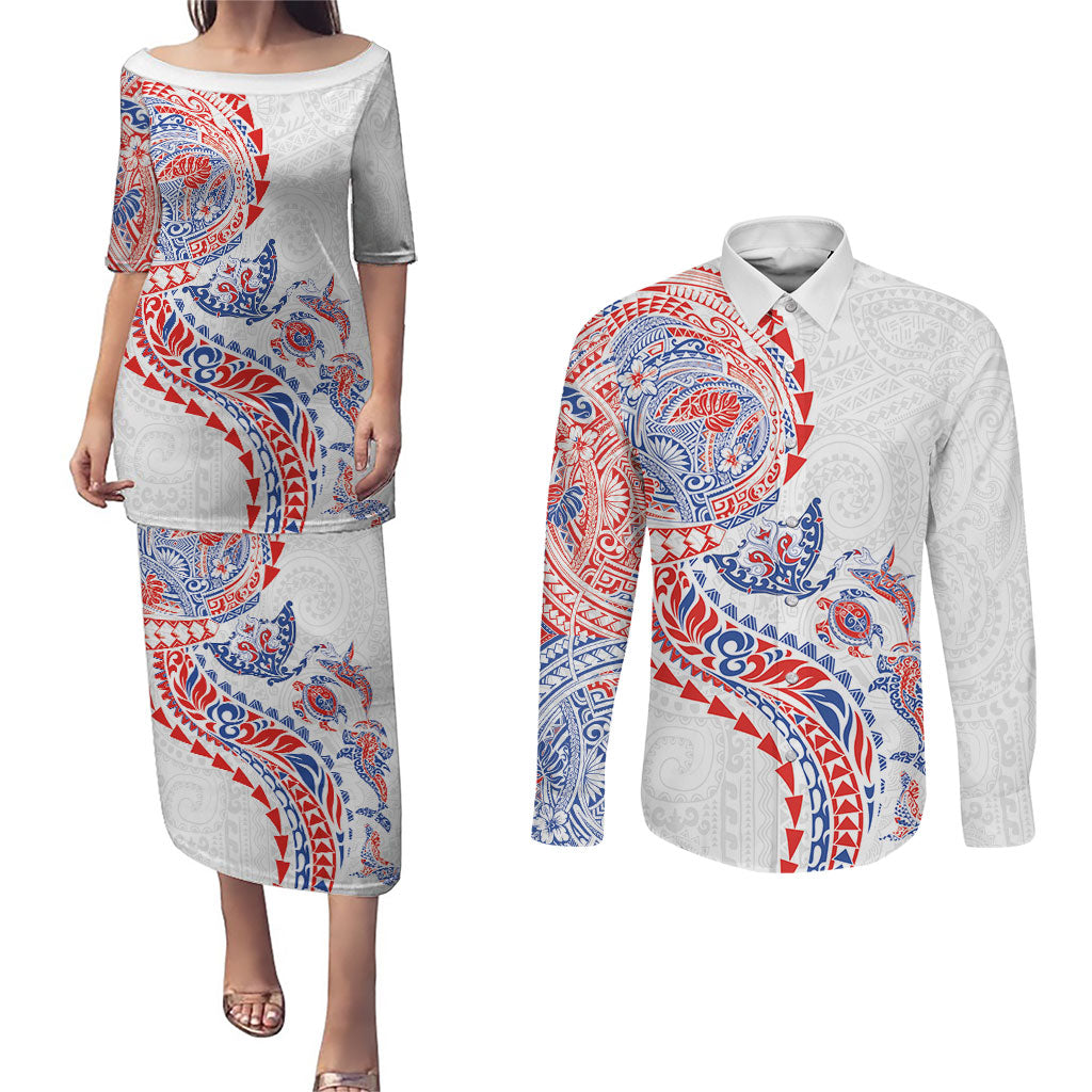 Hawaiian Kakau Tribal Sea Animals Tattoos Couples Matching Puletasi and Long Sleeve Button Shirt Hawaii Flag Color Inspired