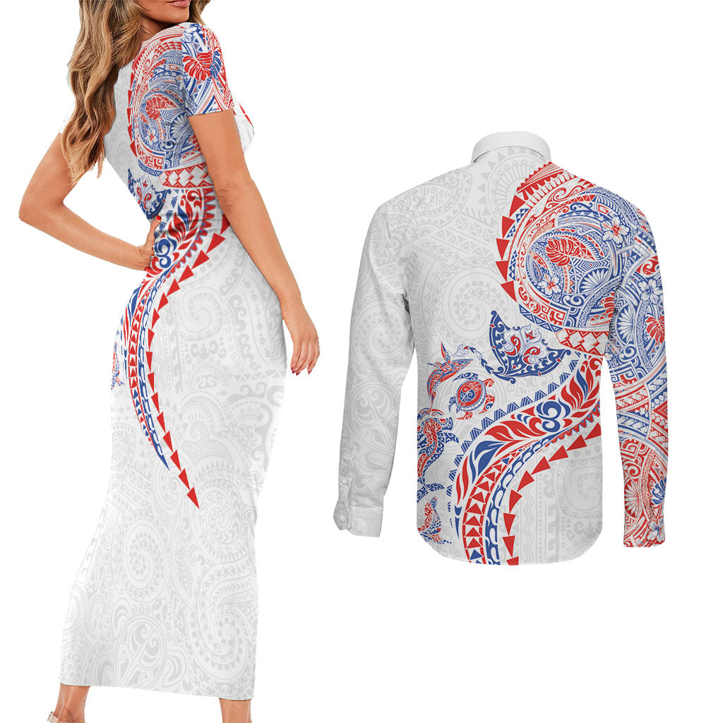 Hawaiian Kakau Tribal Sea Animals Tattoos Couples Matching Short Sleeve Bodycon Dress and Long Sleeve Button Shirt Hawaii Flag Color Inspired LT03 - Polynesian Pride