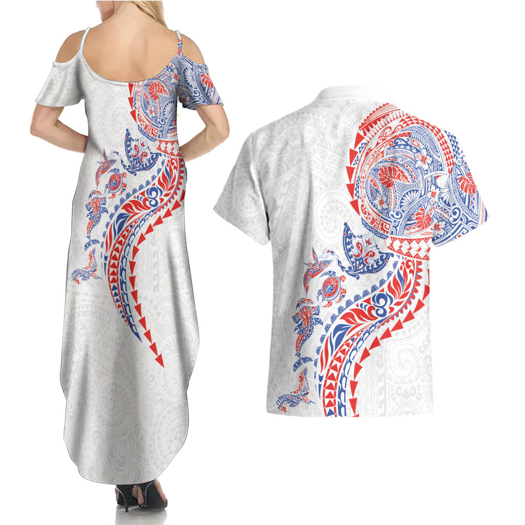 Hawaiian Kakau Tribal Sea Animals Tattoos Couples Matching Summer Maxi Dress and Hawaiian Shirt Hawaii Flag Color Inspired