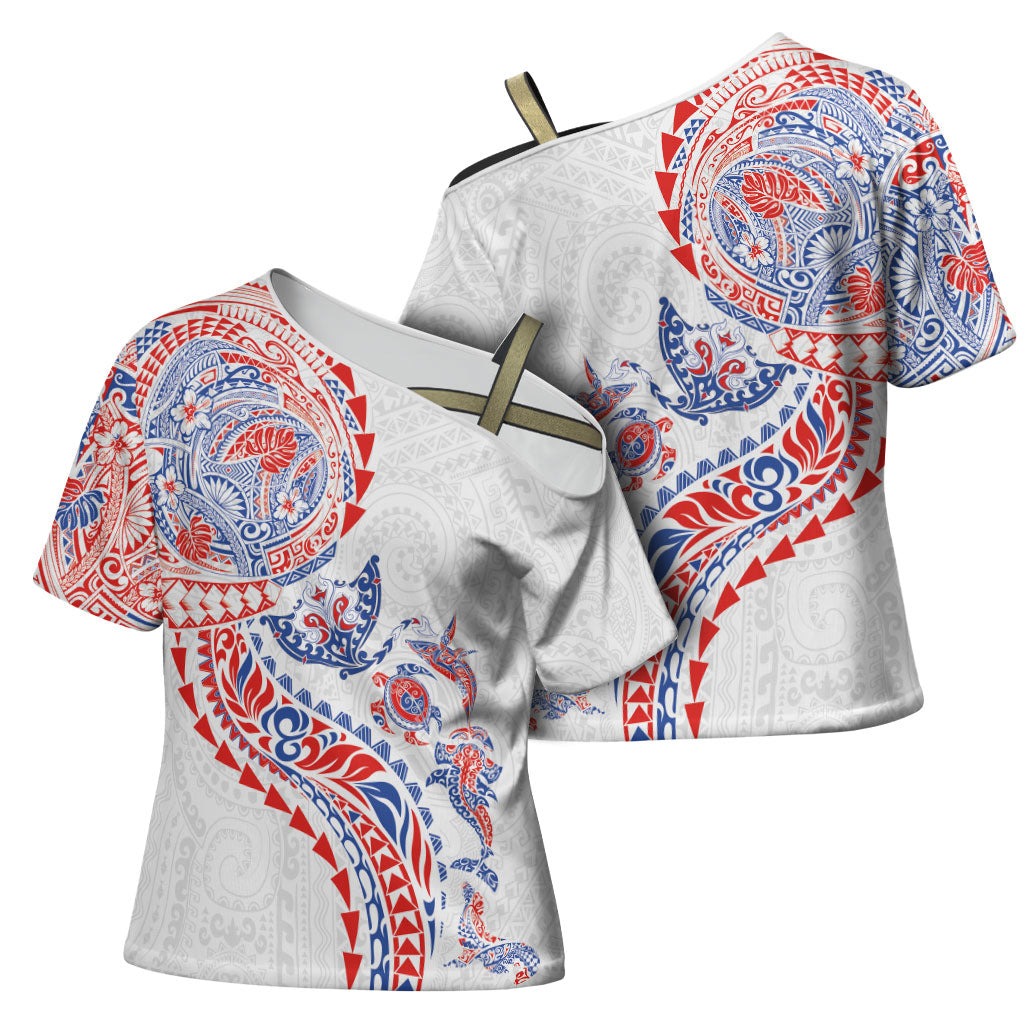 Hawaiian Kakau Tribal Sea Animals Tattoos Cross Shoulder Shirt Hawaii Flag Color Inspired LT03 - Polynesian Pride