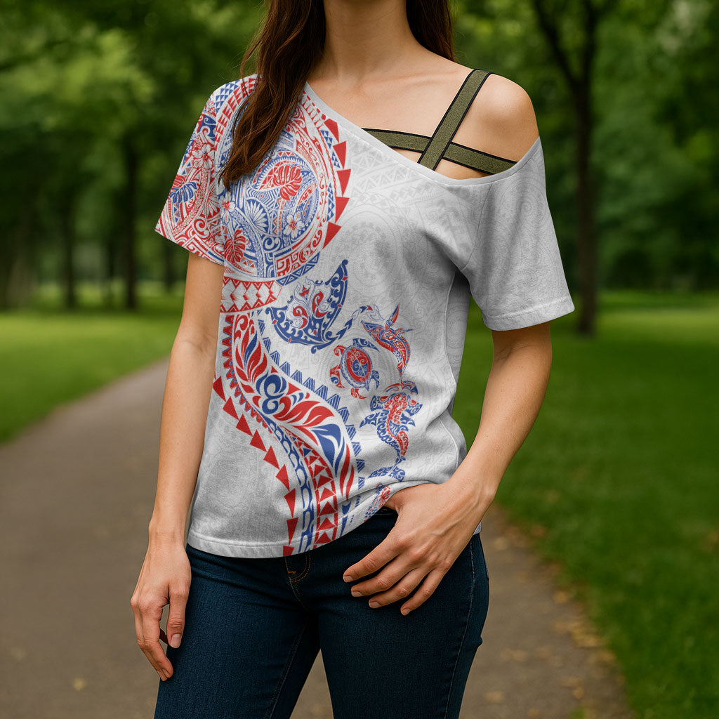 Hawaiian Kakau Tribal Sea Animals Tattoos Cross Shoulder Shirt Hawaii Flag Color Inspired LT03 - Polynesian Pride