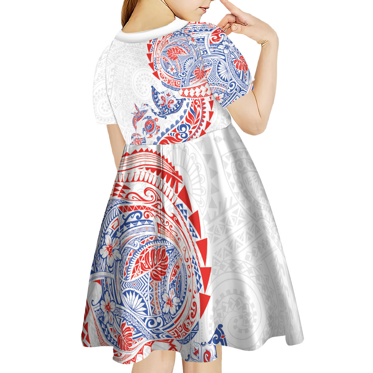 Hawaiian Kakau Tribal Sea Animals Tattoos Kid Short Sleeve Dress Hawaii Flag Color Inspired LT03 - Polynesian Pride