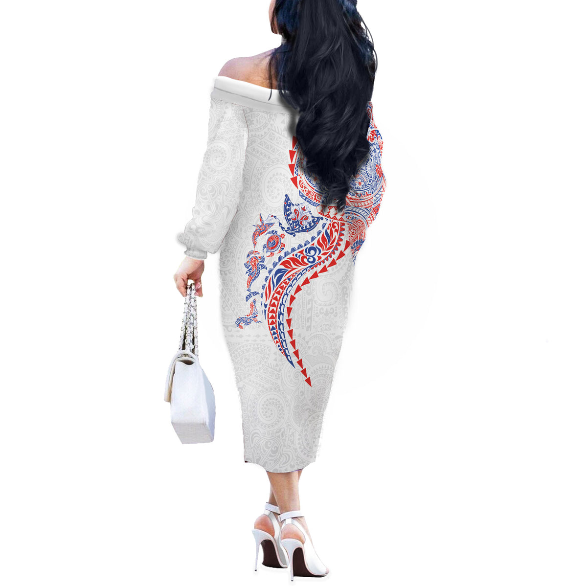 Hawaiian Kakau Tribal Sea Animals Tattoos Off The Shoulder Long Sleeve Dress Hawaii Flag Color Inspired LT03 - Polynesian Pride