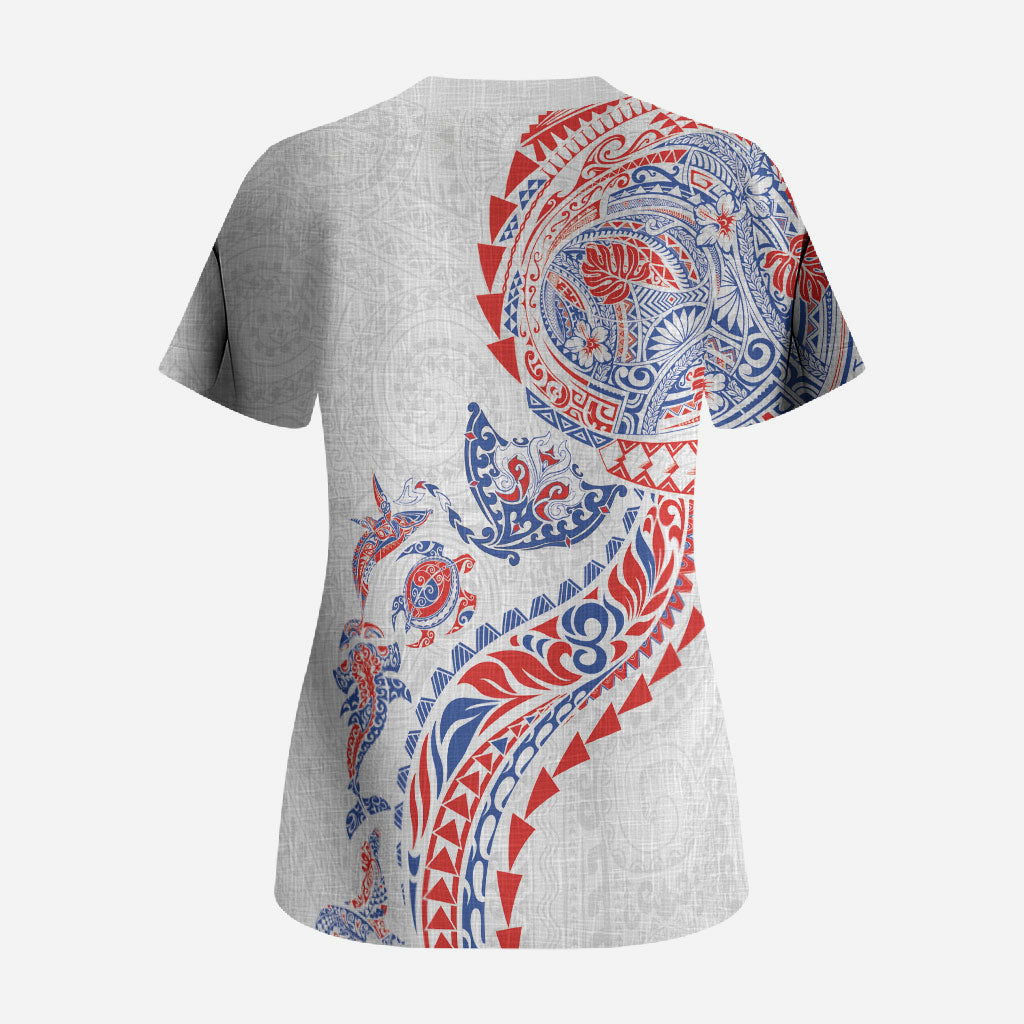 Hawaiian Kakau Tribal Sea Animals Tattoos Scrub Top Hawaii Flag Color Inspired