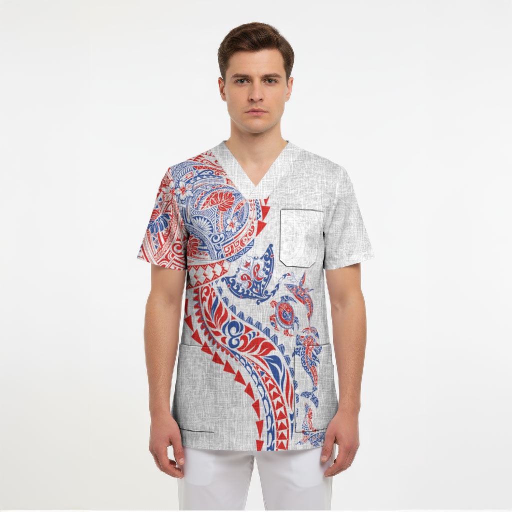 Hawaiian Kakau Tribal Sea Animals Tattoos Scrub Top Hawaii Flag Color Inspired