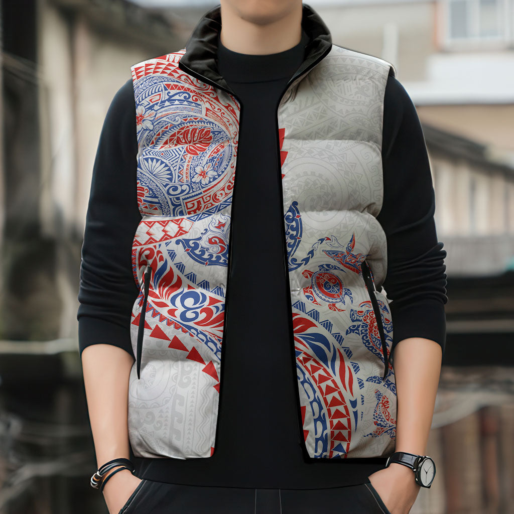 Hawaiian Kakau Tribal Sea Animals Tattoos Sleeveless Puffer Jacket Hawaii Flag Color Inspired