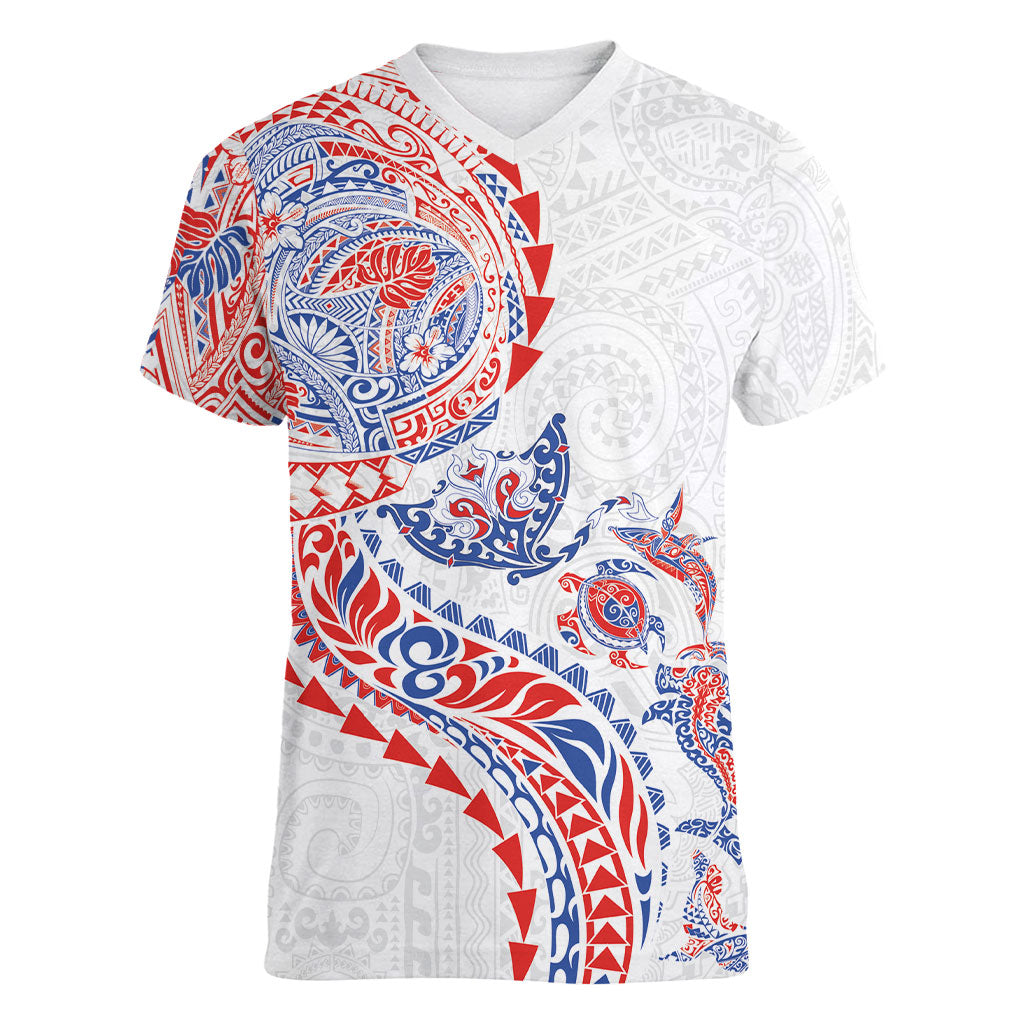Hawaiian Kakau Tribal Sea Animals Tattoos Women V-Neck T-Shirt Hawaii Flag Color Inspired LT03 Female Multicolor - Polynesian Pride