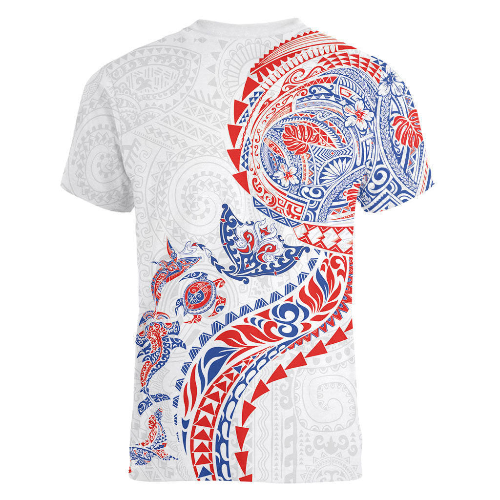 Hawaiian Kakau Tribal Sea Animals Tattoos Women V-Neck T-Shirt Hawaii Flag Color Inspired LT03 - Polynesian Pride