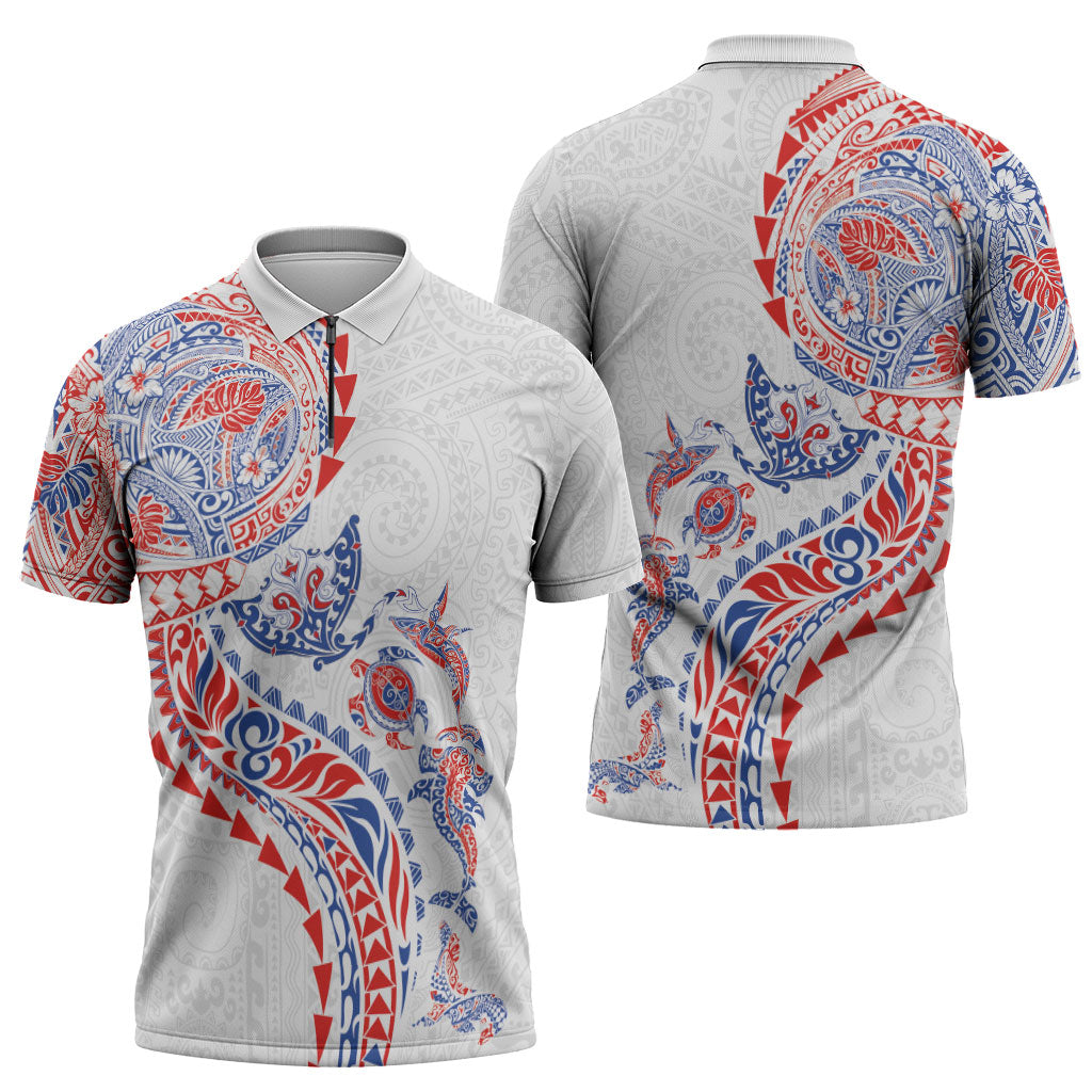 Hawaiian Kakau Tribal Sea Animals Tattoos Zipper Polo Shirt Hawaii Flag Color Inspired LT03 - Polynesian Pride