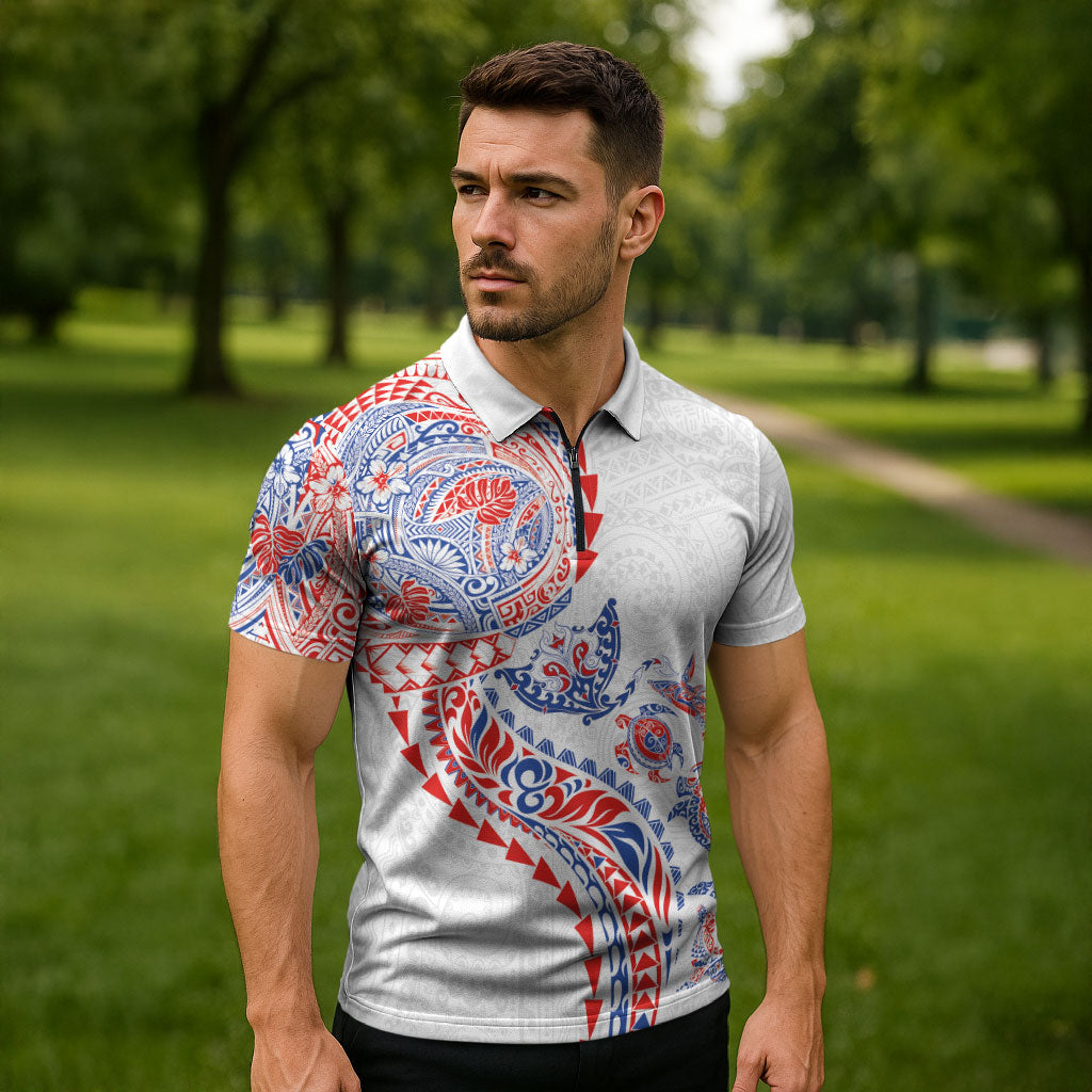 Hawaiian Kakau Tribal Sea Animals Tattoos Zipper Polo Shirt Hawaii Flag Color Inspired LT03 - Polynesian Pride