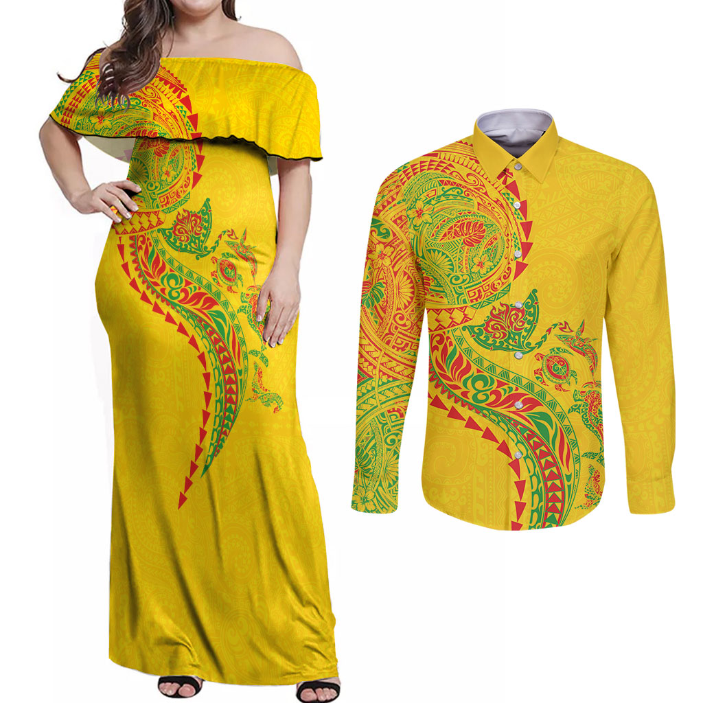 Hawaiian Kakau Tribal Sea Animals Tattoos Couples Matching Off Shoulder Maxi Dress and Long Sleeve Button Shirt Kanaka Maoli Flag Color Inspired