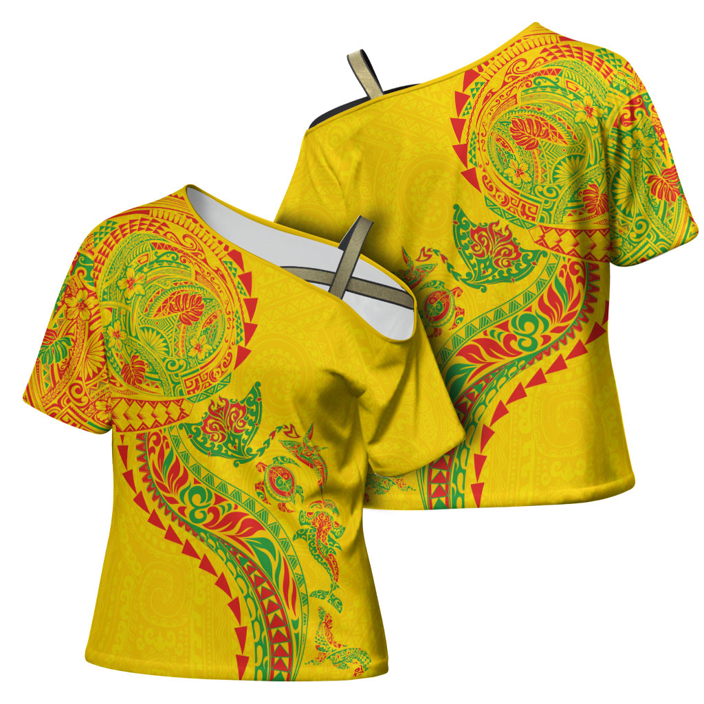 Hawaiian Kakau Tribal Sea Animals Tattoos Cross Shoulder Shirt Kanaka Maoli Flag Color Inspired LT03 - Polynesian Pride