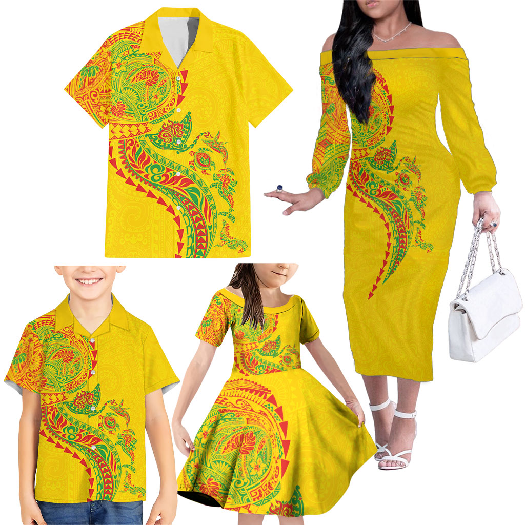 Hawaiian Kakau Tribal Sea Animals Tattoos Family Matching Off The Shoulder Long Sleeve Dress and Hawaiian Shirt Kanaka Maoli Flag Color Inspired