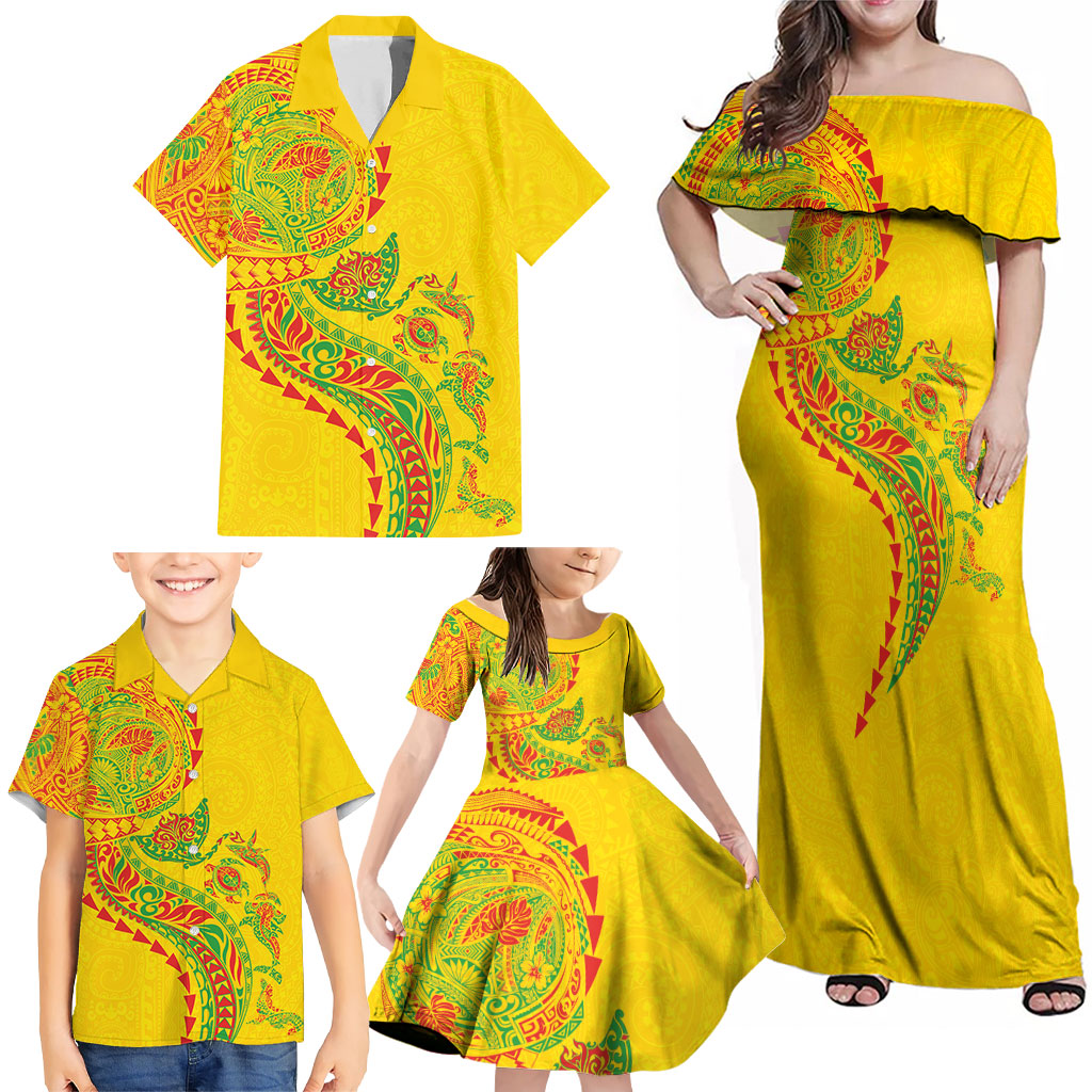 Hawaiian Kakau Tribal Sea Animals Tattoos Family Matching Off Shoulder Maxi Dress and Hawaiian Shirt Kanaka Maoli Flag Color Inspired