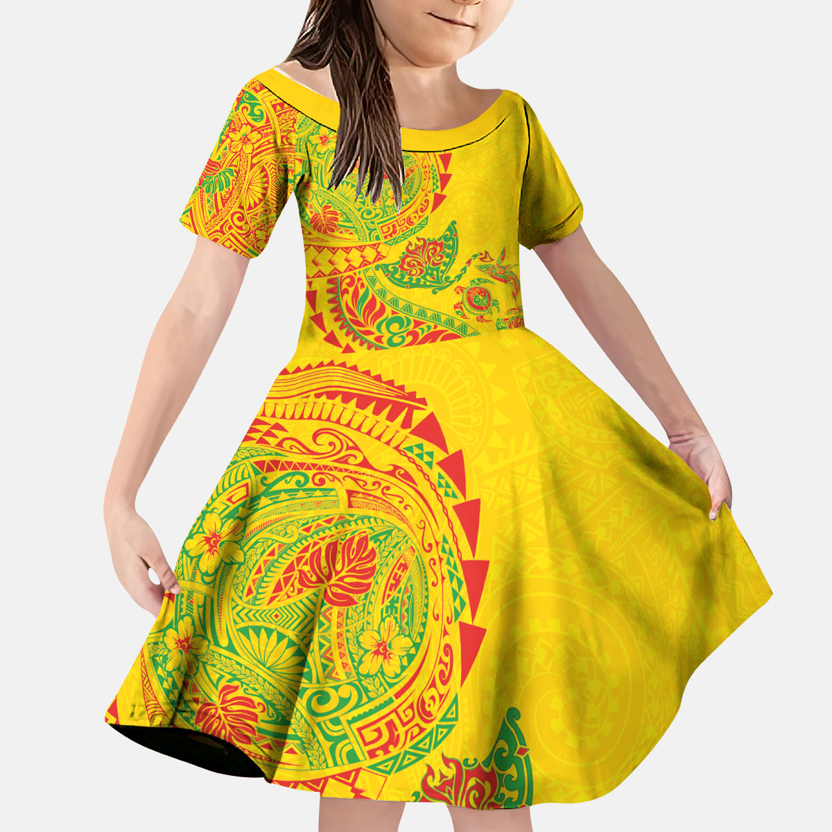Hawaiian Kakau Tribal Sea Animals Tattoos Kid Short Sleeve Dress Kanaka Maoli Flag Color Inspired LT03 KID Multicolor - Polynesian Pride