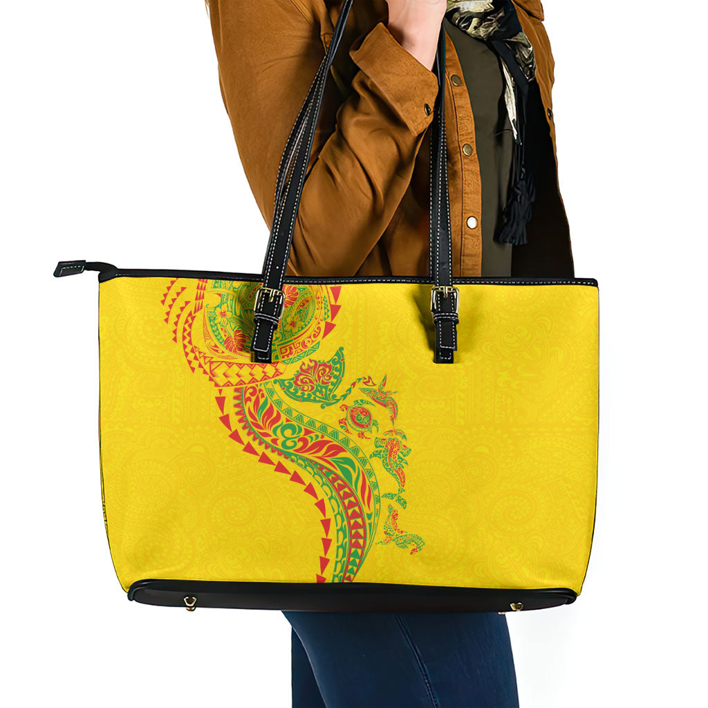 Hawaiian Kakau Tribal Sea Animals Tattoos Leather Tote Bag Kanaka Maoli Flag Color Inspired LT03 - Polynesian Pride