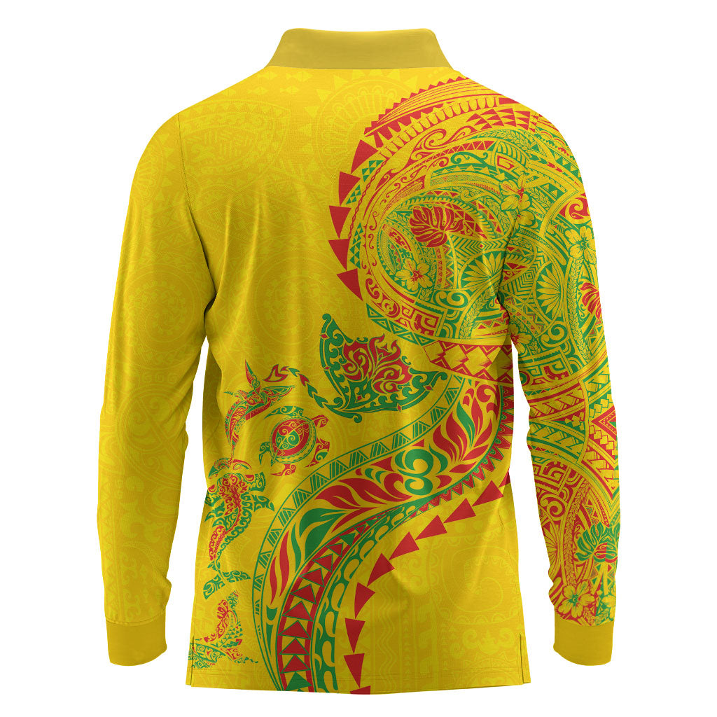 Hawaiian Kakau Tribal Sea Animals Tattoos Long Sleeve Polo Shirt Kanaka Maoli Flag Color Inspired