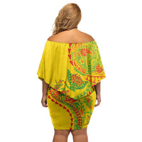 Hawaiian Kakau Tribal Sea Animals Tattoos Off Shoulder Short Dress Kanaka Maoli Flag Color Inspired LT03 - Polynesian Pride