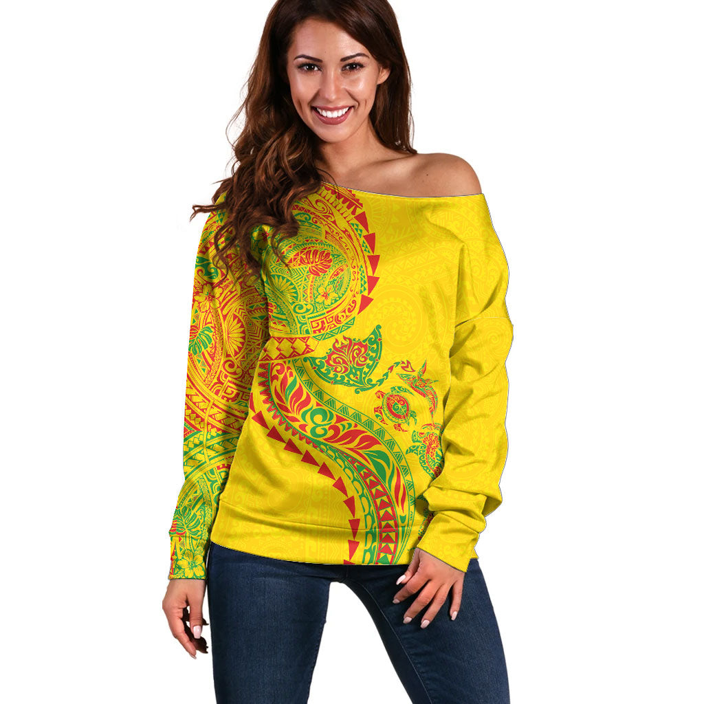 Hawaiian Kakau Tribal Sea Animals Tattoos Off Shoulder Sweater Kanaka Maoli Flag Color Inspired LT03 Women Multicolor - Polynesian Pride