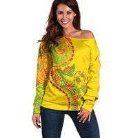 Hawaiian Kakau Tribal Sea Animals Tattoos Off Shoulder Sweater Kanaka Maoli Flag Color Inspired LT03 Women Multicolor - Polynesian Pride