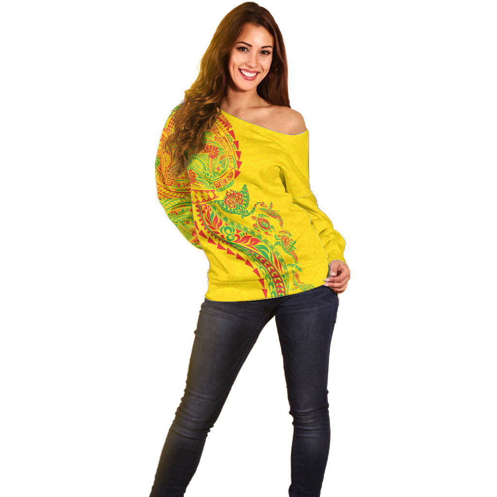 Hawaiian Kakau Tribal Sea Animals Tattoos Off Shoulder Sweater Kanaka Maoli Flag Color Inspired LT03 - Polynesian Pride