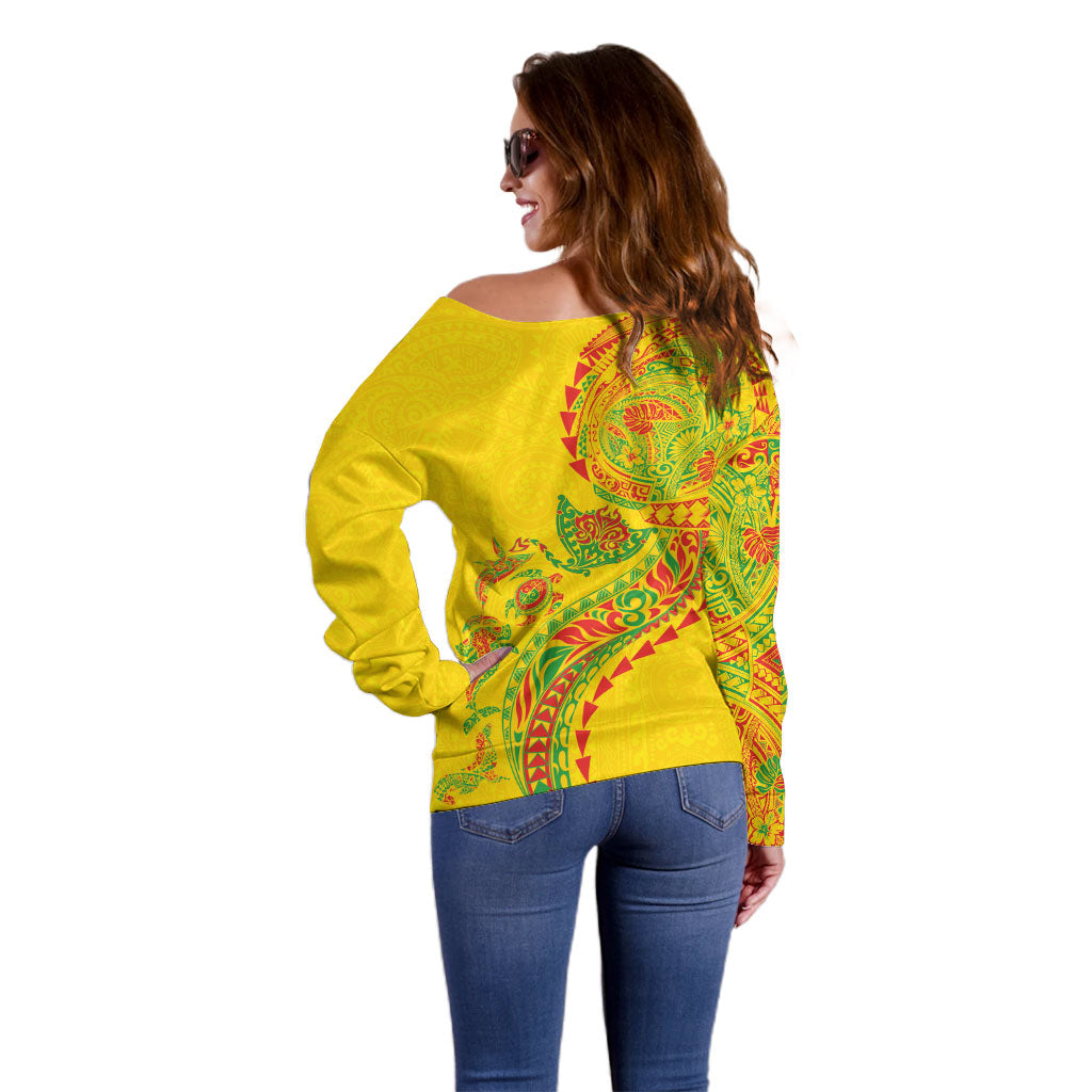 Hawaiian Kakau Tribal Sea Animals Tattoos Off Shoulder Sweater Kanaka Maoli Flag Color Inspired LT03 - Polynesian Pride
