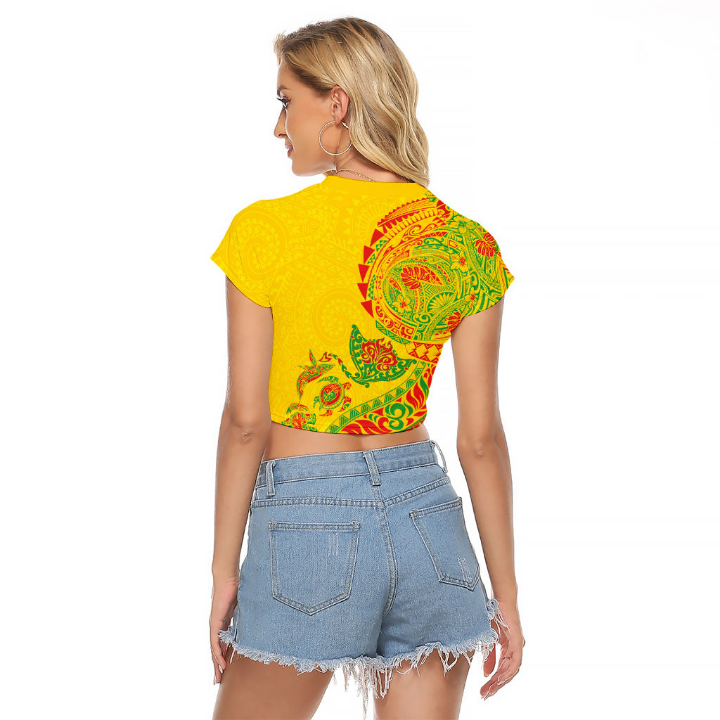 Hawaiian Kakau Tribal Sea Animals Tattoos Raglan Cropped T Shirt Kanaka Maoli Flag Color Inspired LT03 - Polynesian Pride