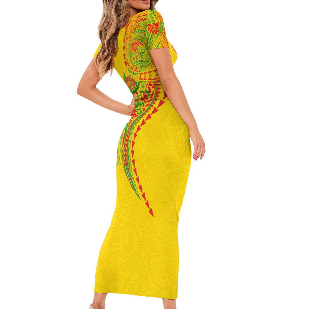 Hawaiian Kakau Tribal Sea Animals Tattoos Short Sleeve Bodycon Dress Kanaka Maoli Flag Color Inspired