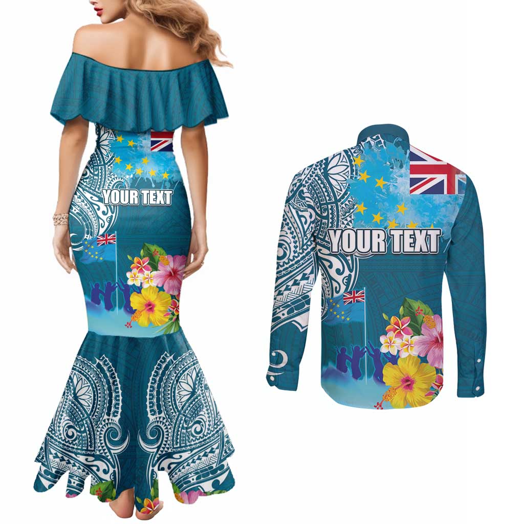Personalised Tuvalu Independence Day Couples Matching Mermaid Dress and Long Sleeve Button Shirt Tuvaluan Tribal Flag Style