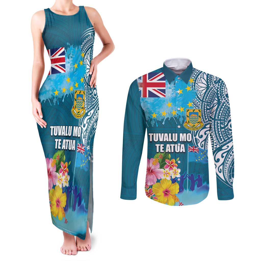 Personalised Tuvalu Independence Day Couples Matching Tank Maxi Dress and Long Sleeve Button Shirt Tuvaluan Tribal Flag Style