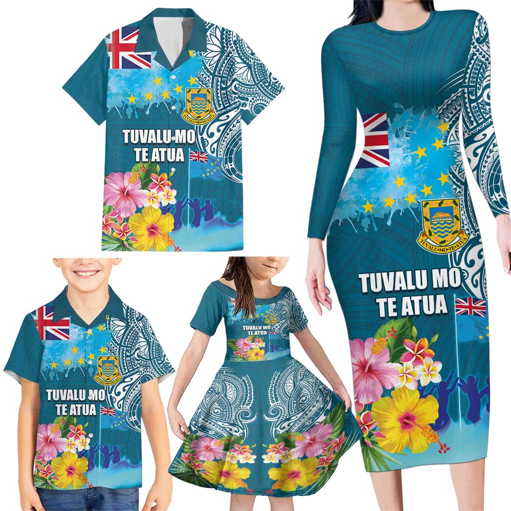 Personalised Tuvalu Independence Day Family Matching Long Sleeve Bodycon Dress and Hawaiian Shirt Tuvaluan Tribal Flag Style