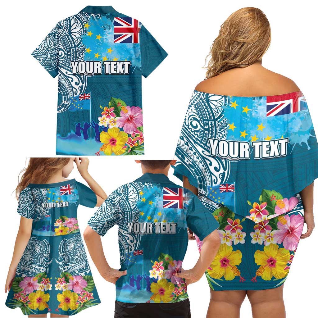 Personalised Tuvalu Independence Day Family Matching Off Shoulder Short Dress and Hawaiian Shirt Tuvaluan Tribal Flag Style