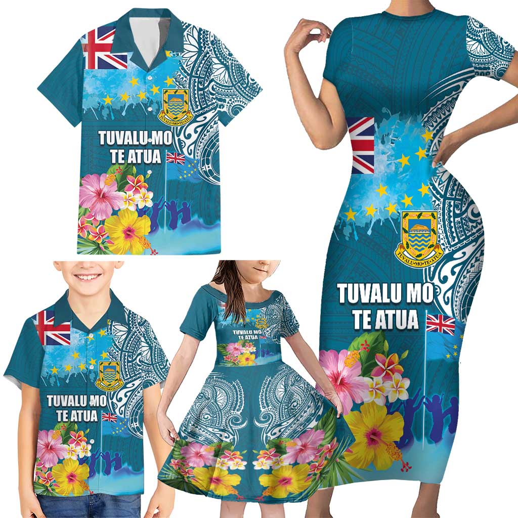 Personalised Tuvalu Independence Day Family Matching Short Sleeve Bodycon Dress and Hawaiian Shirt Tuvaluan Tribal Flag Style