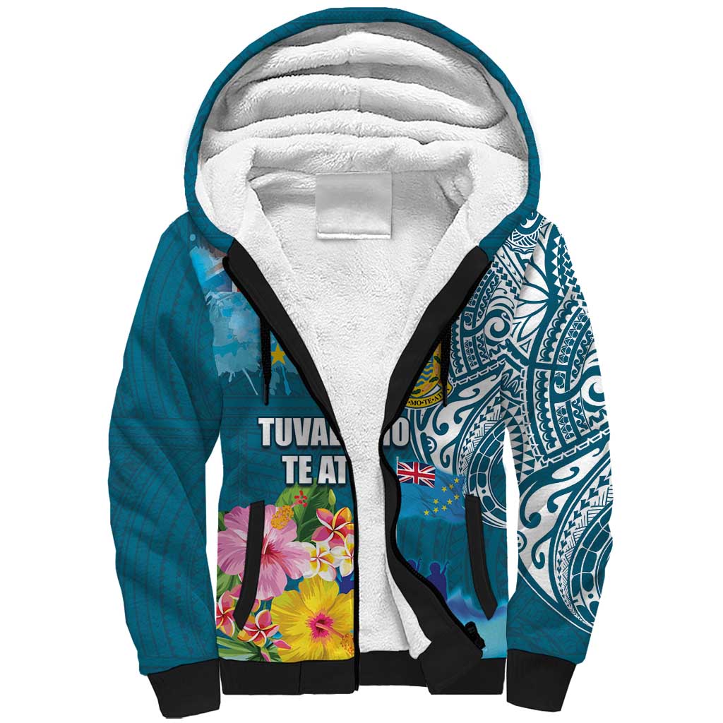 Personalised Tuvalu Independence Day Sherpa Hoodie Tuvaluan Tribal Flag Style