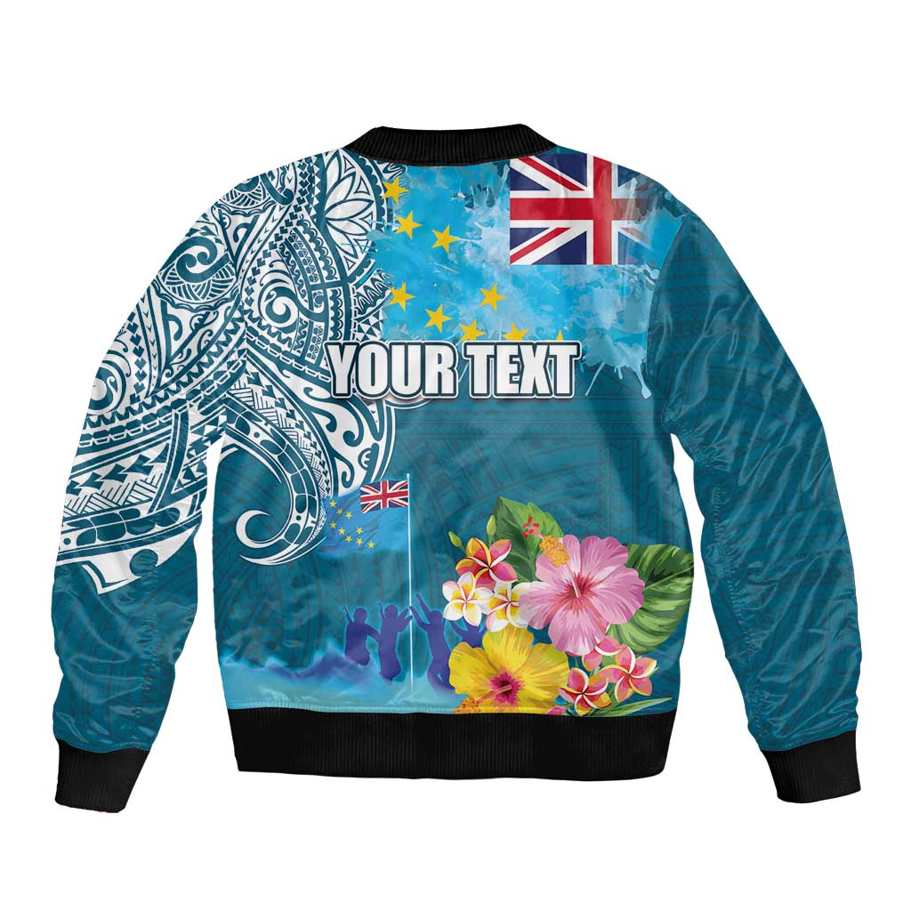 Personalised Tuvalu Independence Day Sleeve Zip Bomber Jacket Tuvaluan Tribal Flag Style