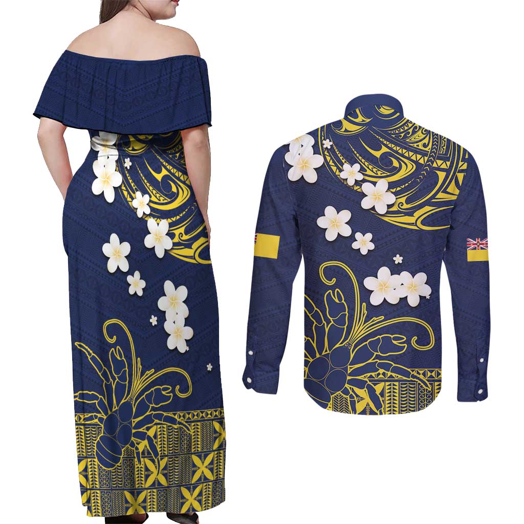 Niue Independence Day Couples Matching Off Shoulder Maxi Dress and Long Sleeve Button Shirt Hiapo Pattern Fiti Pua and Uga