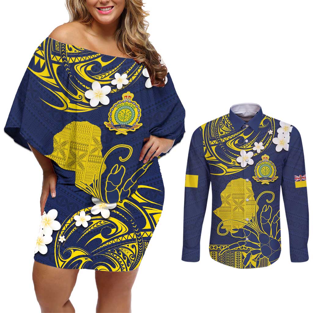 Niue Independence Day Couples Matching Off Shoulder Short Dress and Long Sleeve Button Shirt Hiapo Pattern Fiti Pua and Uga