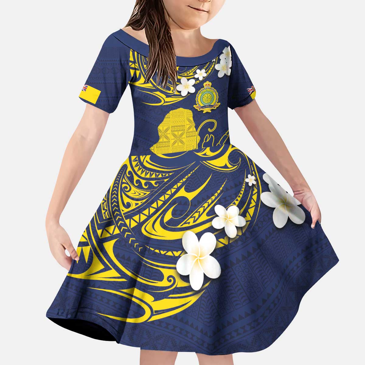 Niue Independence Day Kid Short Sleeve Dress Hiapo Pattern Fiti Pua and Uga