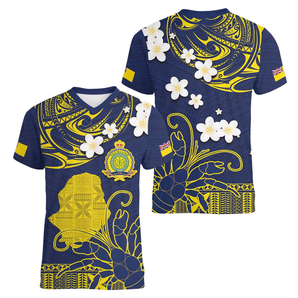 Niue Independence Day Women V-Neck T-Shirt Hiapo Pattern Fiti Pua and Uga