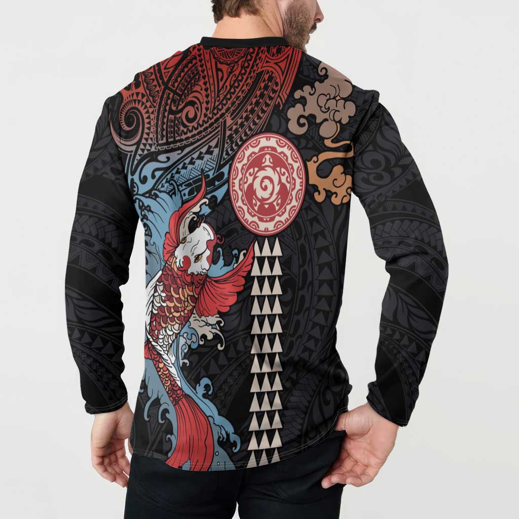 Hawaii and Japanese Together Button Sweatshirt Koi Fish and Kakau Pattern