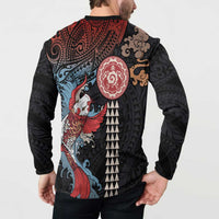 Hawaii and Japanese Together Button Sweatshirt Koi Fish and Kakau Pattern