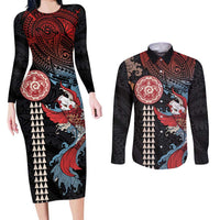 Hawaii and Japanese Together Couples Matching Long Sleeve Bodycon Dress and Long Sleeve Button Shirt Koi Fish and Kakau Pattern