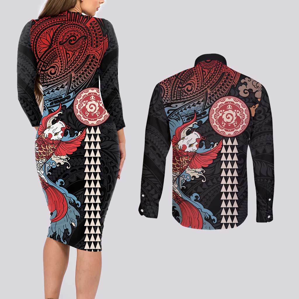 Hawaii and Japanese Together Couples Matching Long Sleeve Bodycon Dress and Long Sleeve Button Shirt Koi Fish and Kakau Pattern