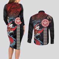 Hawaii and Japanese Together Couples Matching Long Sleeve Bodycon Dress and Long Sleeve Button Shirt Koi Fish and Kakau Pattern