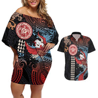 Hawaii and Japanese Together Couples Matching Off Shoulder Short Dress and Hawaiian Shirt Koi Fish and Kakau Pattern