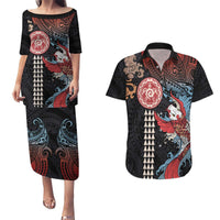 Hawaii and Japanese Together Couples Matching Puletasi and Hawaiian Shirt Koi Fish and Kakau Pattern