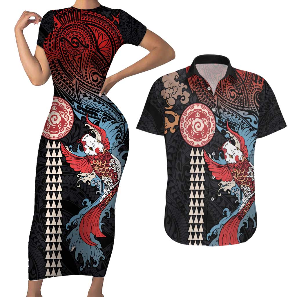 Hawaii and Japanese Together Couples Matching Short Sleeve Bodycon Dress and Hawaiian Shirt Koi Fish and Kakau Pattern