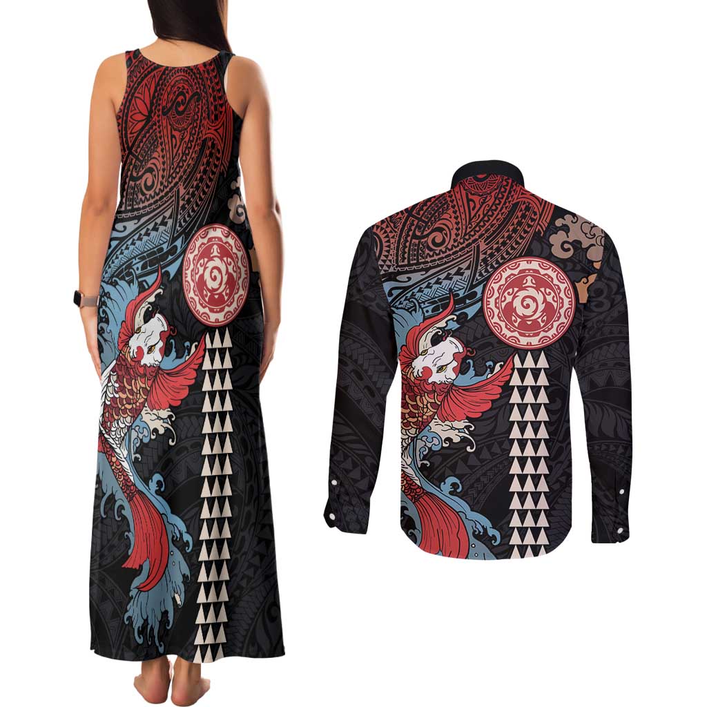 Hawaii and Japanese Together Couples Matching Tank Maxi Dress and Long Sleeve Button Shirt Koi Fish and Kakau Pattern