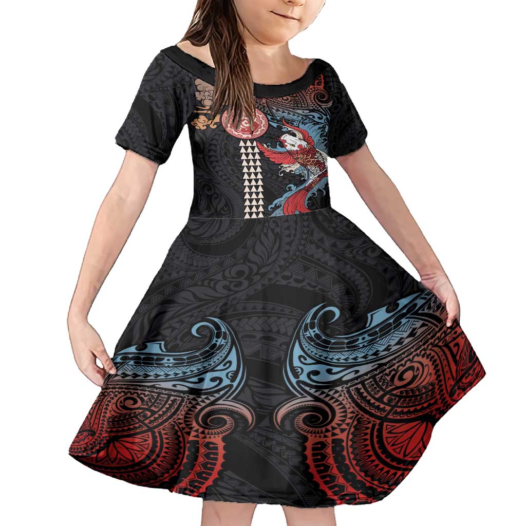 Hawaii and Japanese Together Family Matching Off Shoulder Short Dress and Hawaiian Shirt Koi Fish and Kakau Pattern