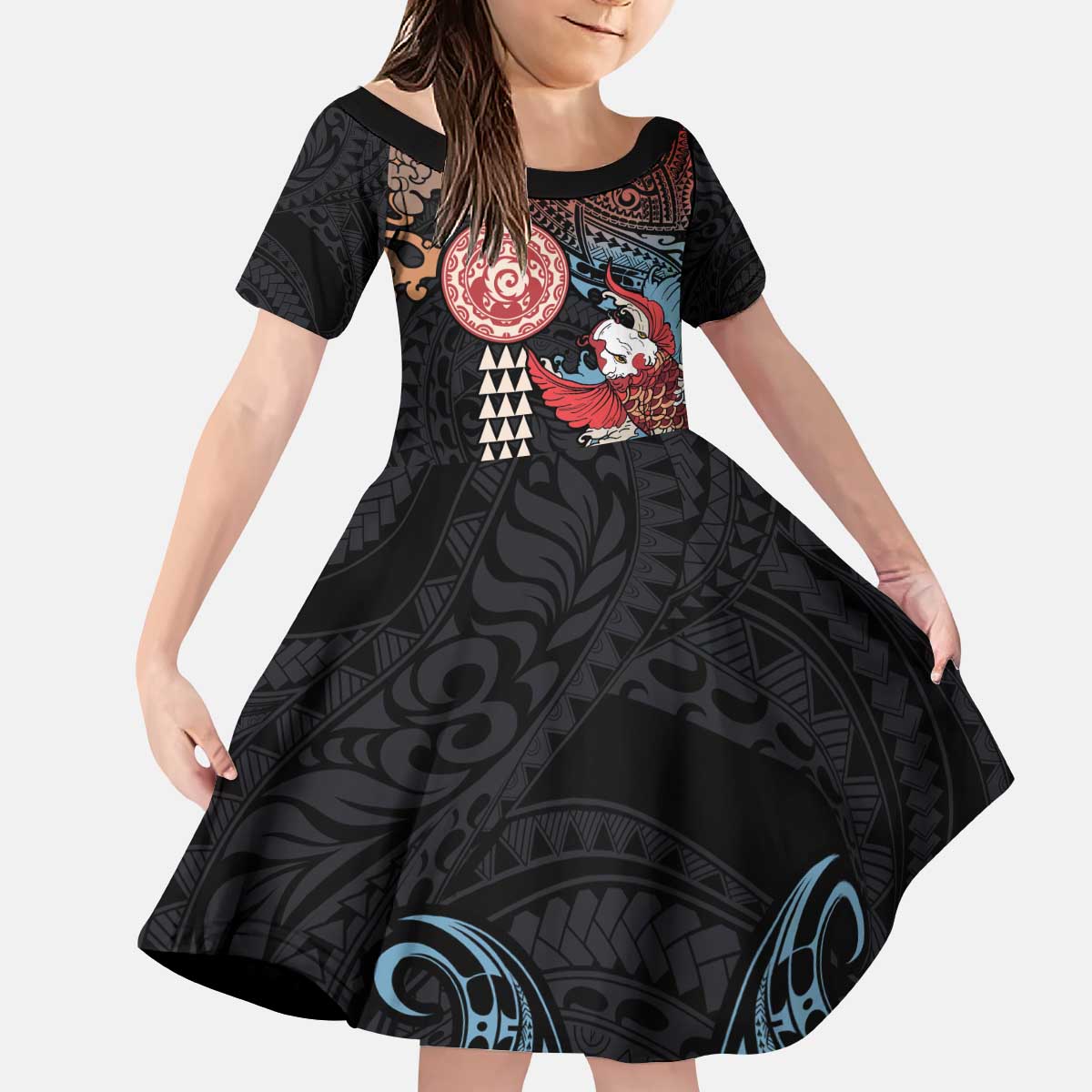 Hawaii and Japanese Together Kid Short Sleeve Dress Koi Fish and Kakau Pattern